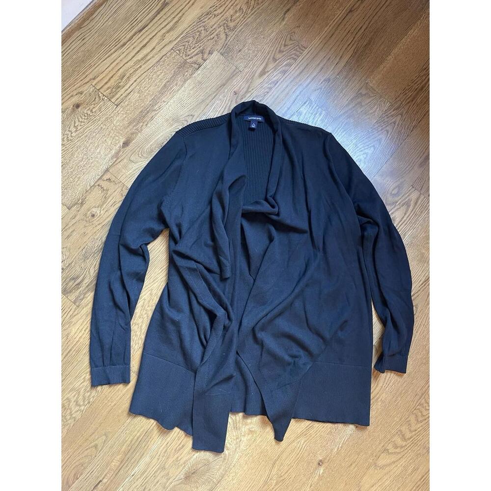 Lands' End Open Front Cardigan Duster Women's Large 14-16 Black Waterfall Office